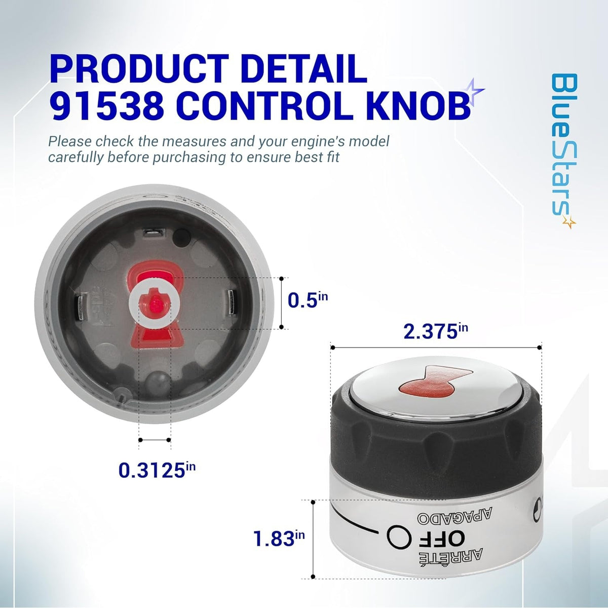Dimensional diagram of 91538 lighted control knob showing top, side, and rear measurements in inches.