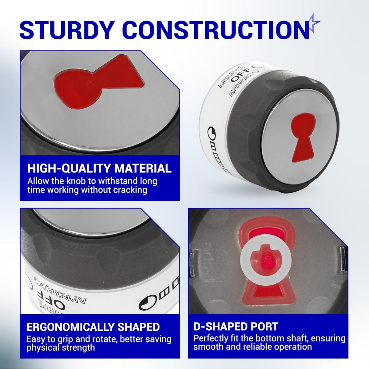 Infographic showing features of 91538 lighted control knob including sturdy construction, ergonomic grip, and D-shaped port.