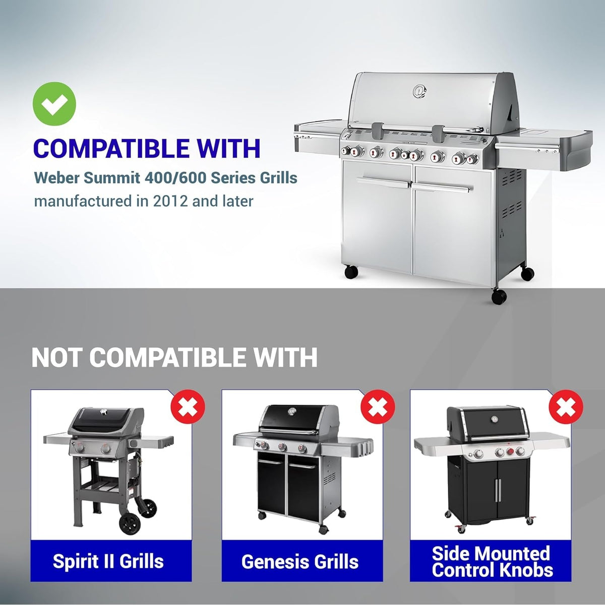 Compatibility chart for 91538 lighted control knobs showing Weber Summit 400/600 series grills.
