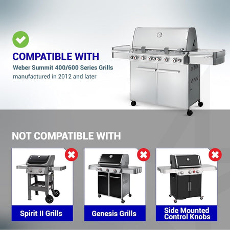 Compatibility chart for 91538 lighted control knobs showing Weber Summit 400/600 series grills.