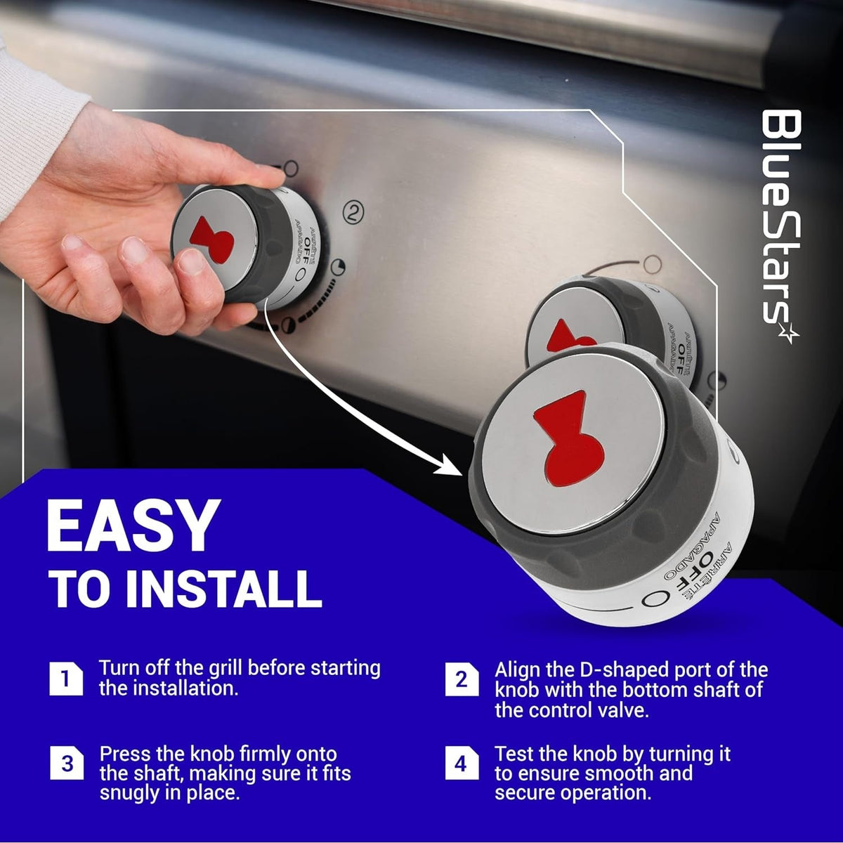 Installation guide for 91538 lighted grill control knobs showing step-by-step instructions on a stainless steel grill.