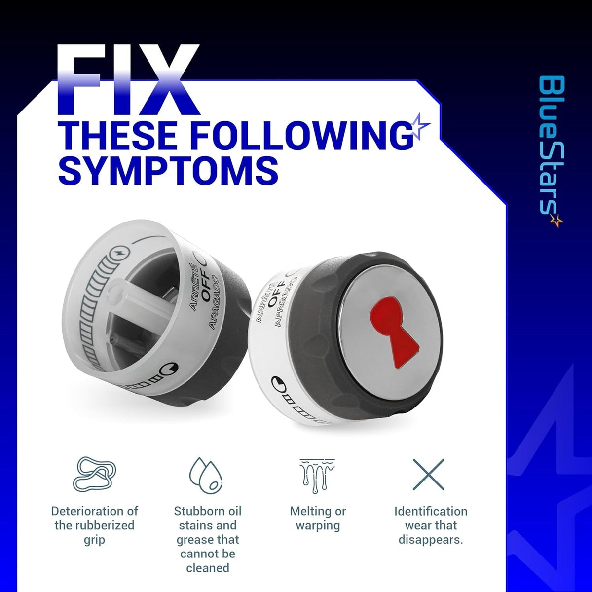 Two 91538 lighted control knobs shown from front and side angles with symptom icons below.