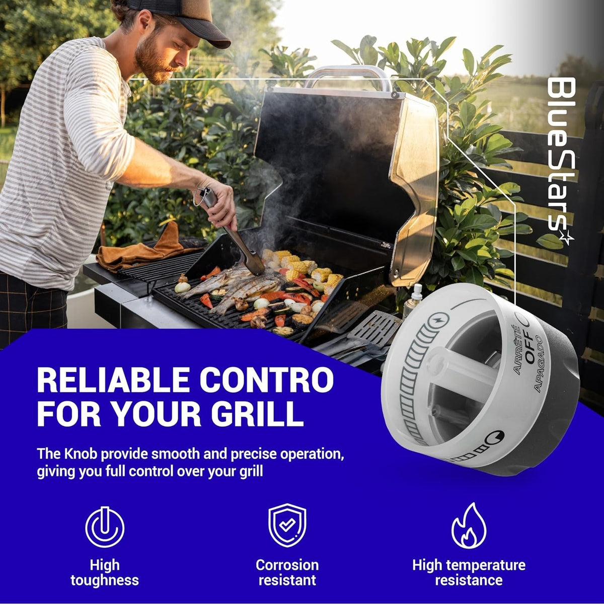 Single lighted control knob 91538 for grill, shown in a lifestyle product advertisement.