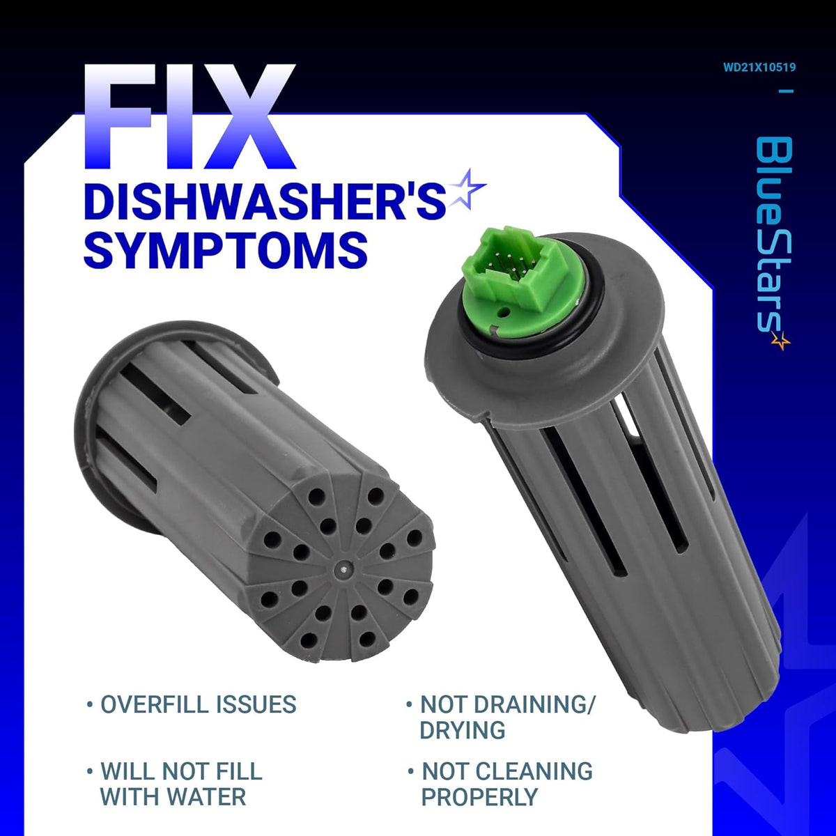 Two WD21X10519 dishwasher flood switches shown from different angles with symptom troubleshooting text.