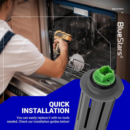 WD21X10519 dishwasher flood switch replacement part shown with installation graphic for GE dishwashers.