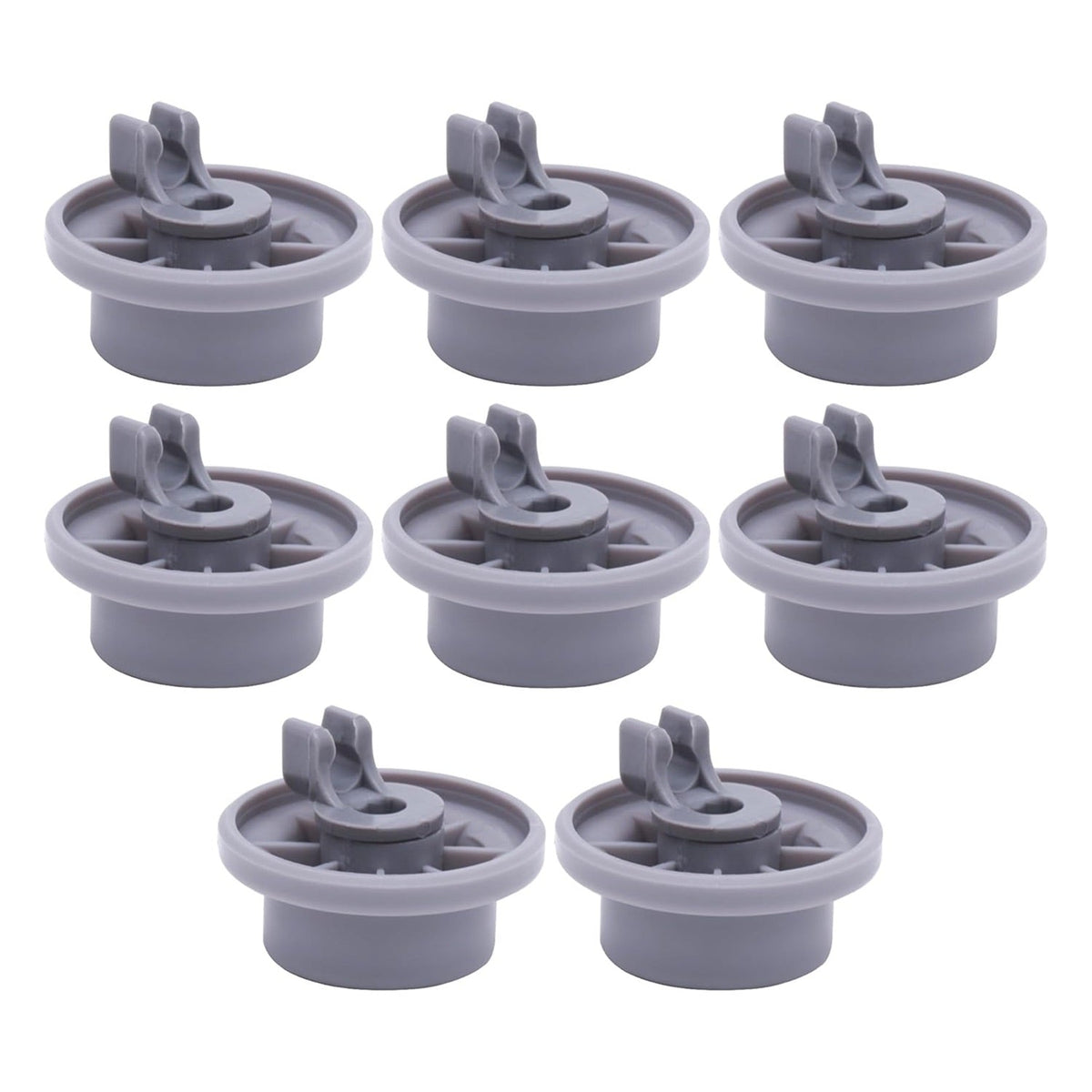 Pack of 8 grey dishwasher lower rack wheels compatible with Bosch and Kenmore dishwashers.