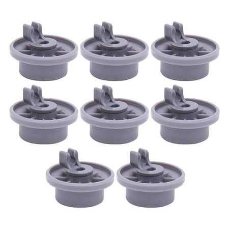 Pack of 8 grey dishwasher lower rack wheels compatible with Bosch and Kenmore dishwashers.