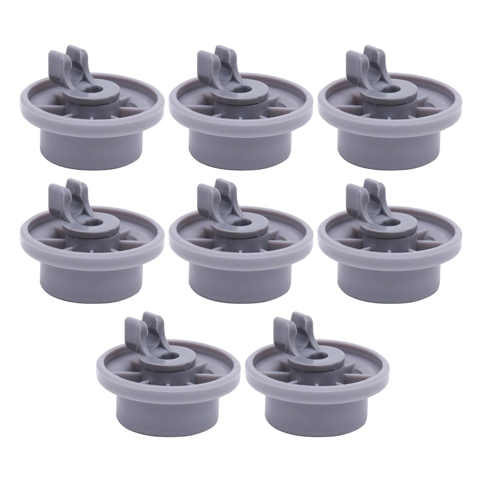 Pack of 8 grey dishwasher lower rack wheels compatible with Bosch and Kenmore dishwashers.