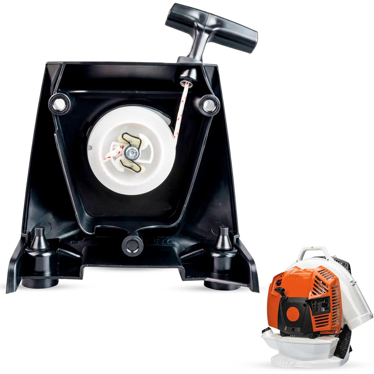 4283-190-4001 Recoil Pull Starter, front view with pull handle and a blower shown at lower right