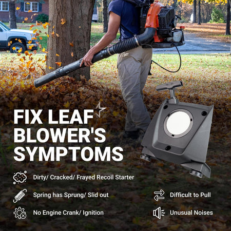 4283-190-4001 Recoil Pull Starter graphic showing a leaf blower and listed recoil starter symptoms