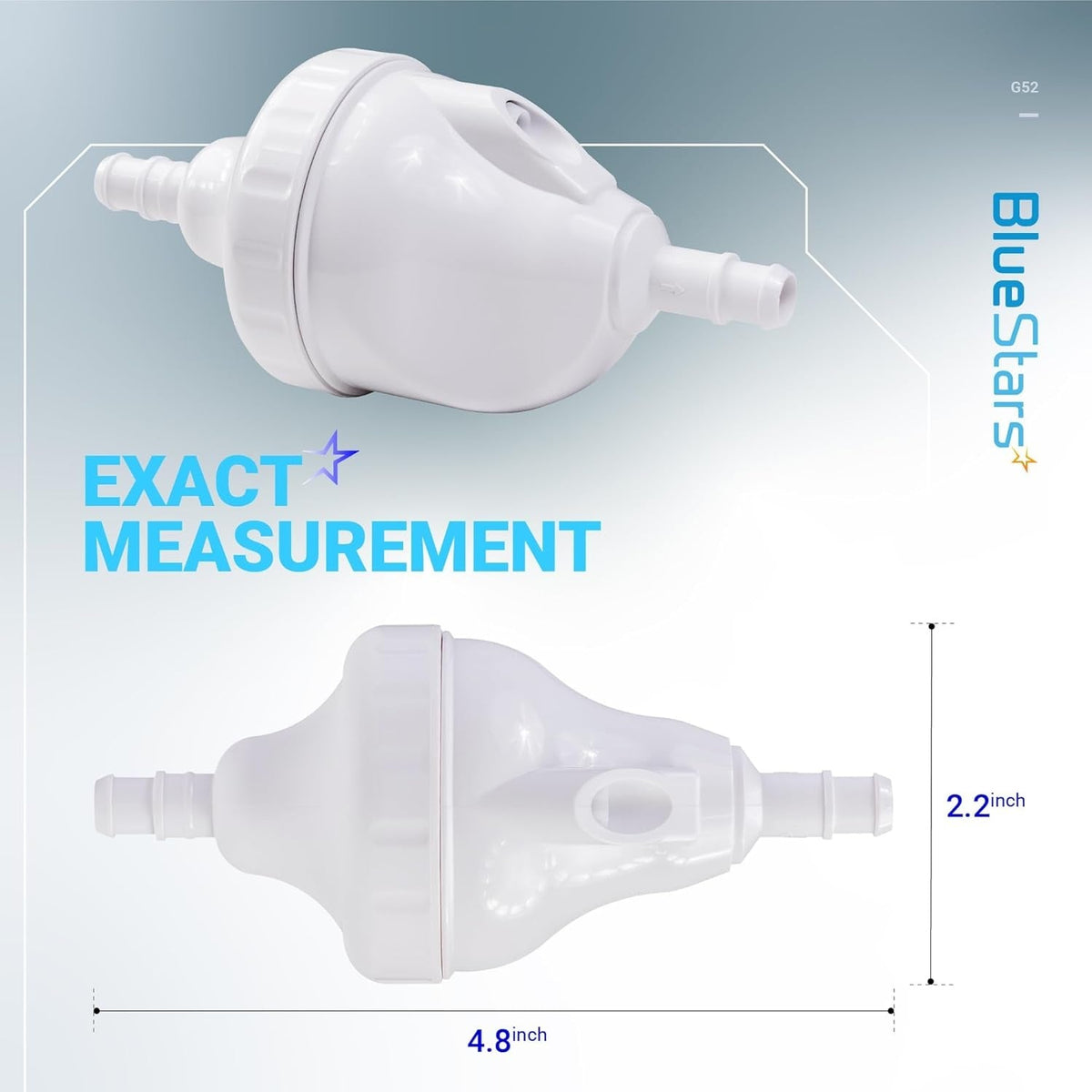 G52 backup valve replacement for Polaris pool cleaners showing 4.8-inch by 2.2-inch dimensions.