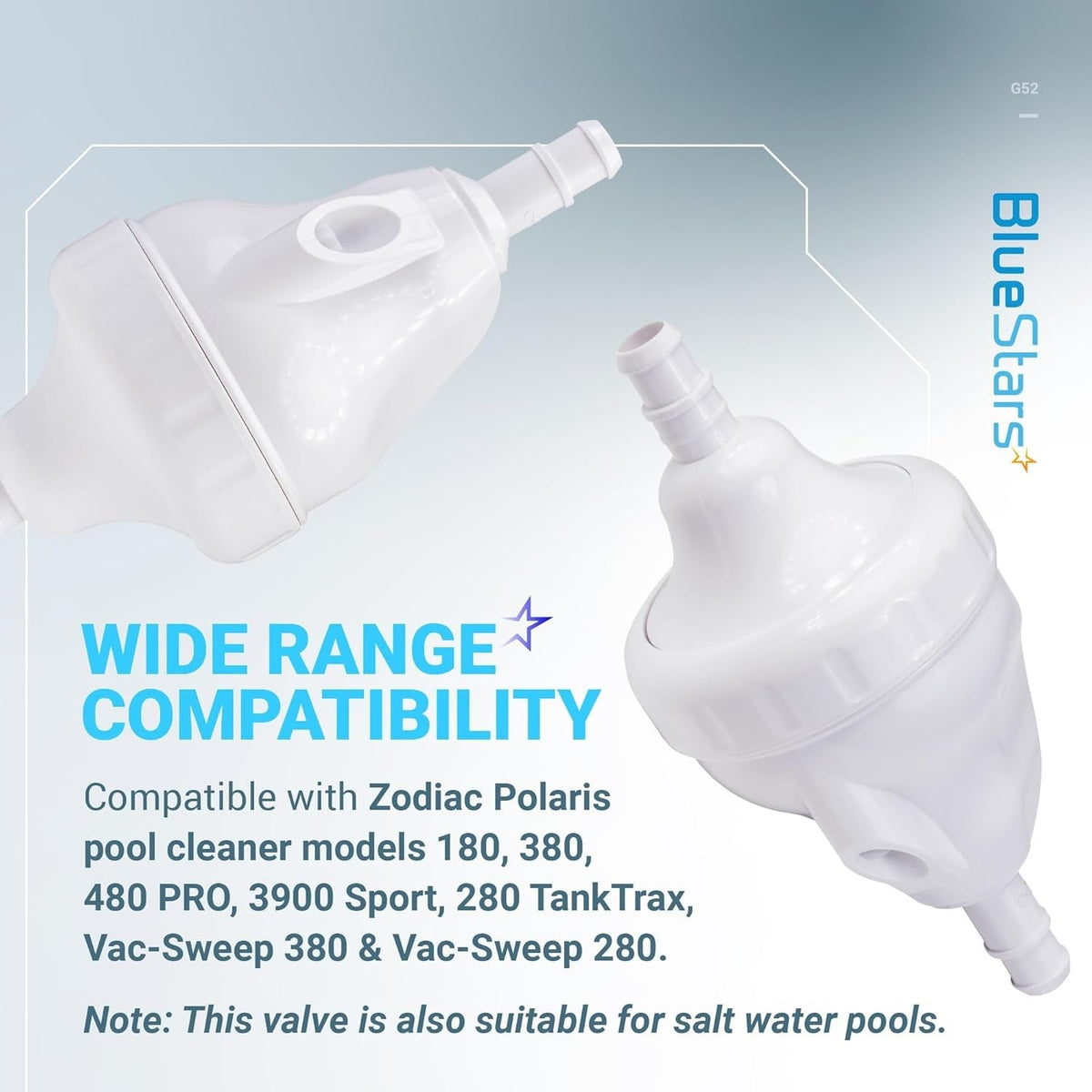Two white G52 backup valve replacements for Polaris pool cleaners shown with compatibility text.