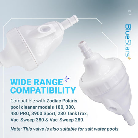 Two white G52 backup valve replacements for Polaris pool cleaners shown with compatibility text.