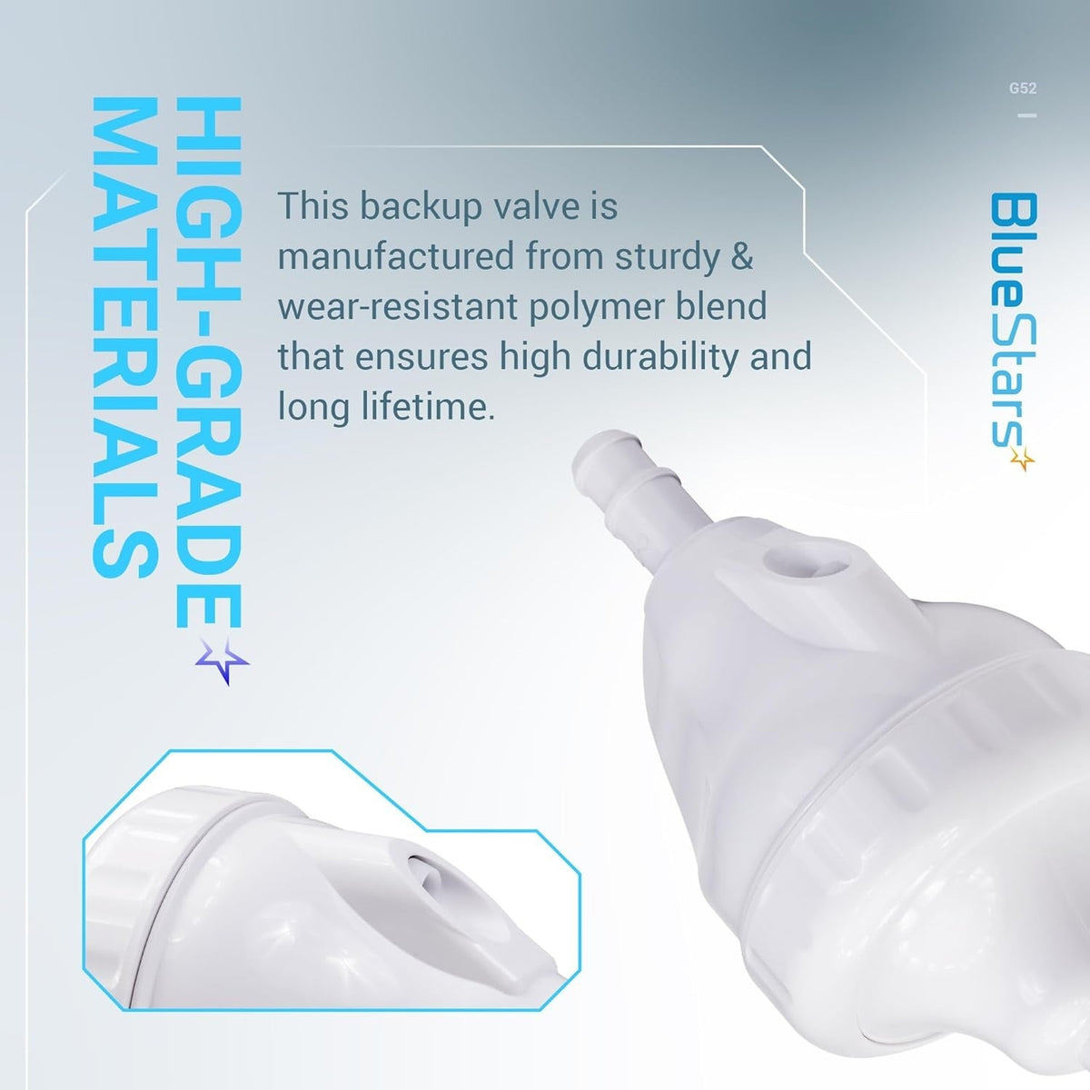 G52 backup valve replacement for Polaris pool cleaners, highlighting durable white polymer material construction.