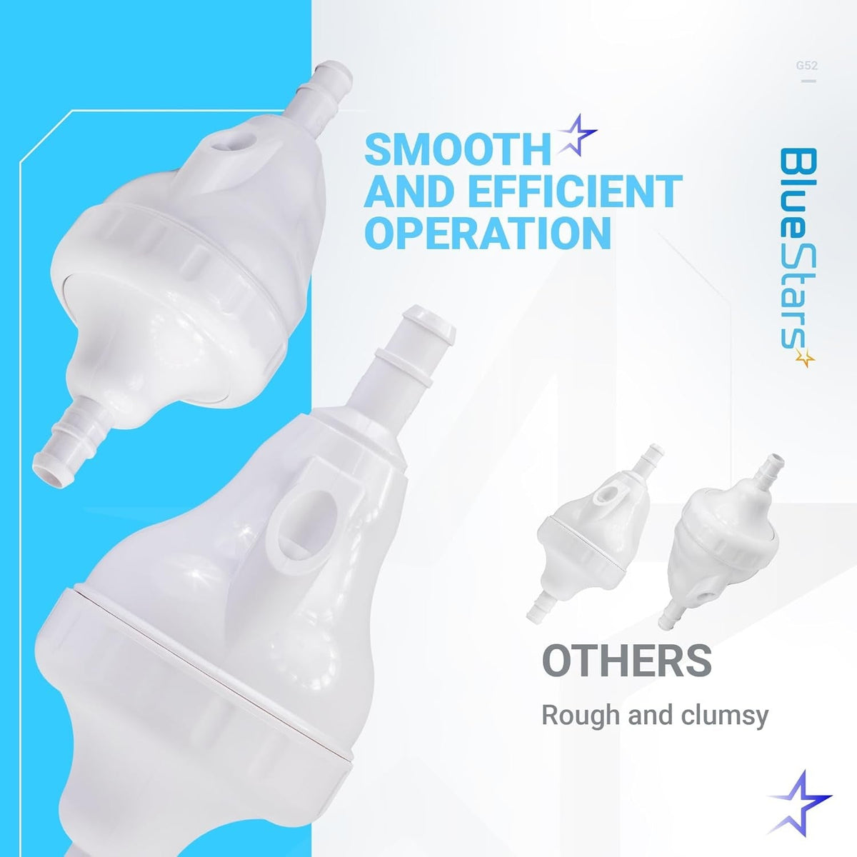 Comparison graphic of G52 backup valve kit for Polaris pool cleaners showing smooth operation vs others.
