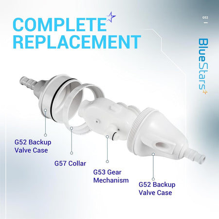 Exploded view of G52 backup valve kit components for Polaris pool cleaners, showing valve case, collar, and gear mechanism.