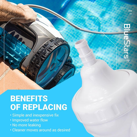 G52 backup valve replacement for Polaris pool cleaners shown with benefits list and pool cleaner background.