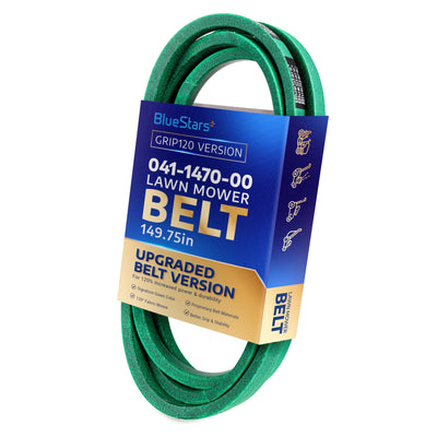 BlueStars 041-1470-00 green aramid mower deck belt in branded packaging, 5/8 inch by 149.75 inches.