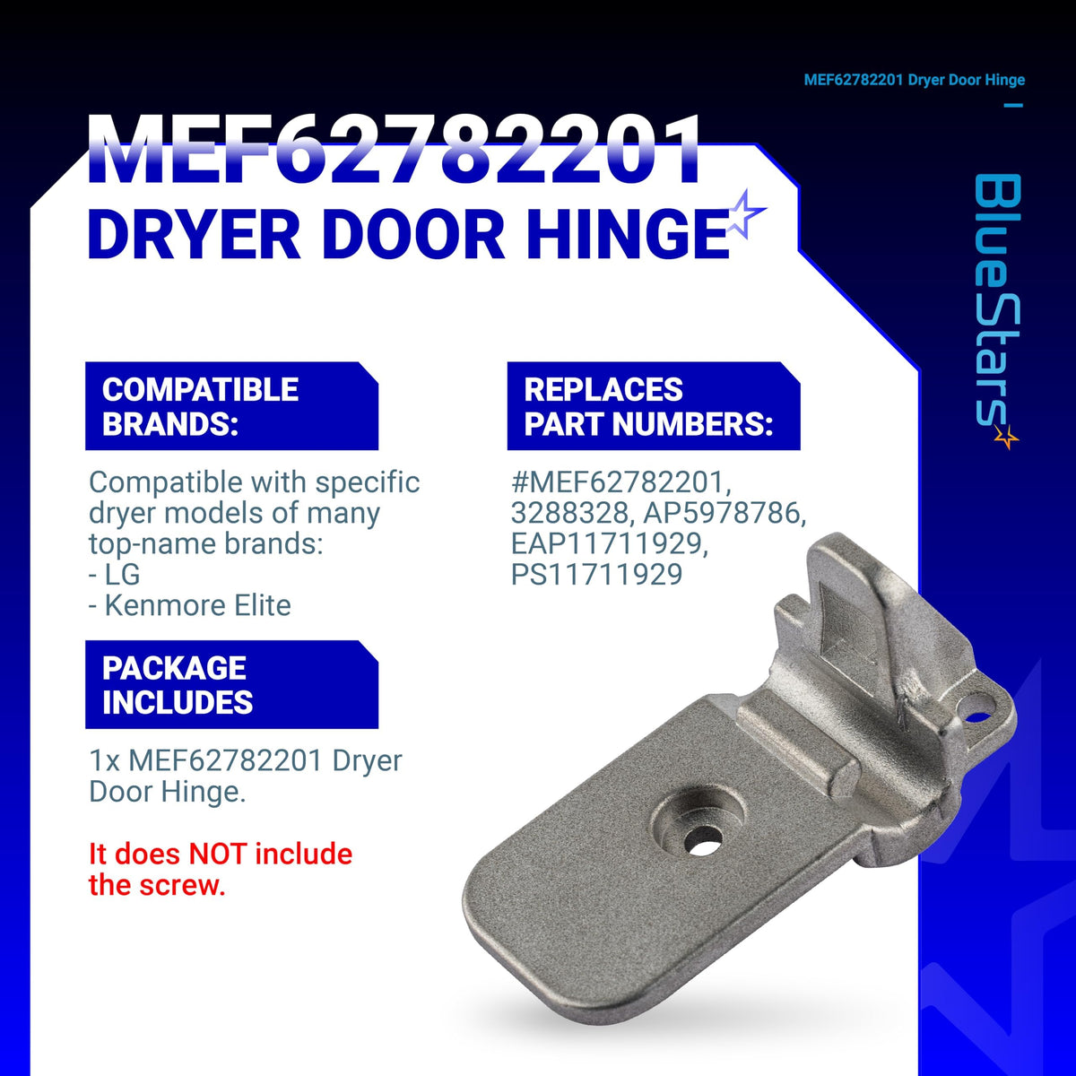 MEF62782201 clothes dryer door hinge replacement part for LG and Kenmore Elite dryers shown on an informational graphic.