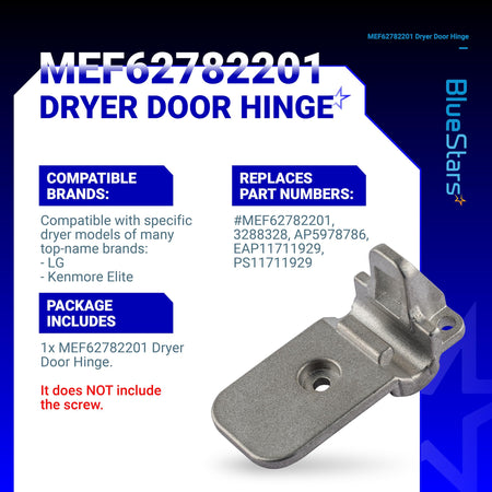 MEF62782201 clothes dryer door hinge replacement part for LG and Kenmore Elite dryers shown on an informational graphic.