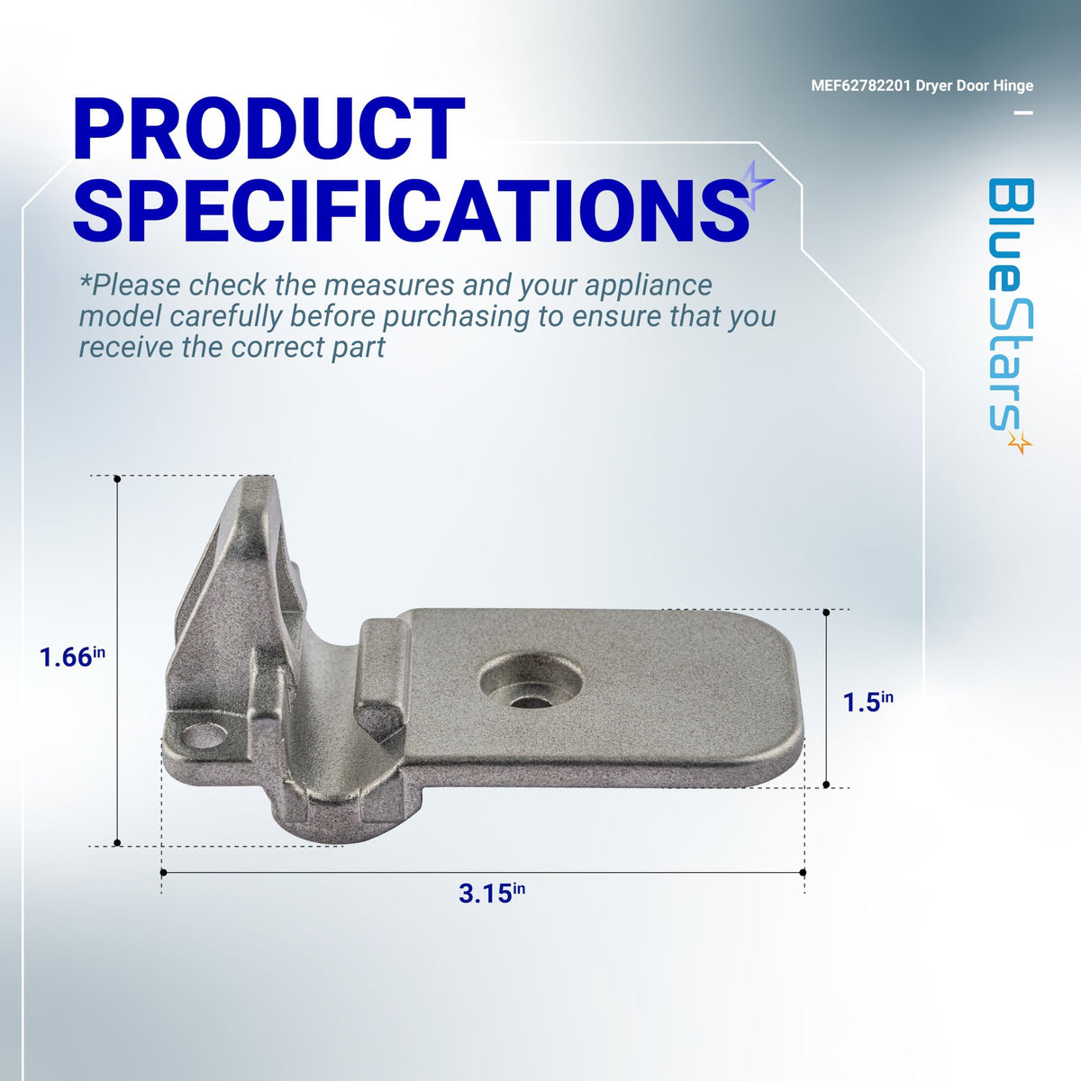 MEF62782201 clothes dryer door hinge with dimension labels showing 3.15-inch length and 1.66-inch height.