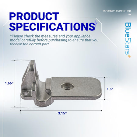MEF62782201 clothes dryer door hinge with dimension labels showing 3.15-inch length and 1.66-inch height.