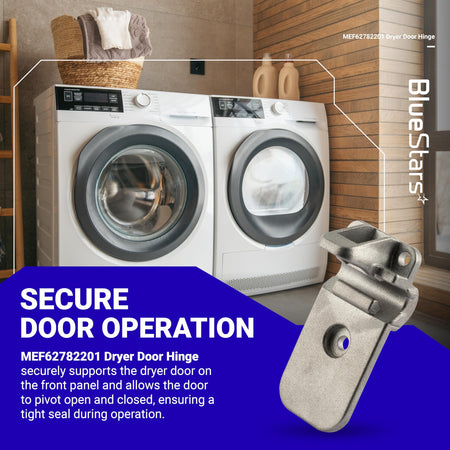 MEF62782201 clothes dryer door hinge replacement part shown against a laundry room background graphic.