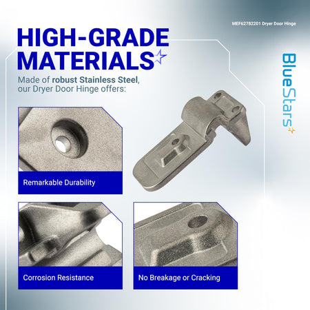 MEF62782201 stainless steel clothes dryer door hinge showing material durability and corrosion resistance features.