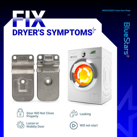 MEF62782201 clothes dryer door hinge replacement part shown with dryer symptom troubleshooting guide.