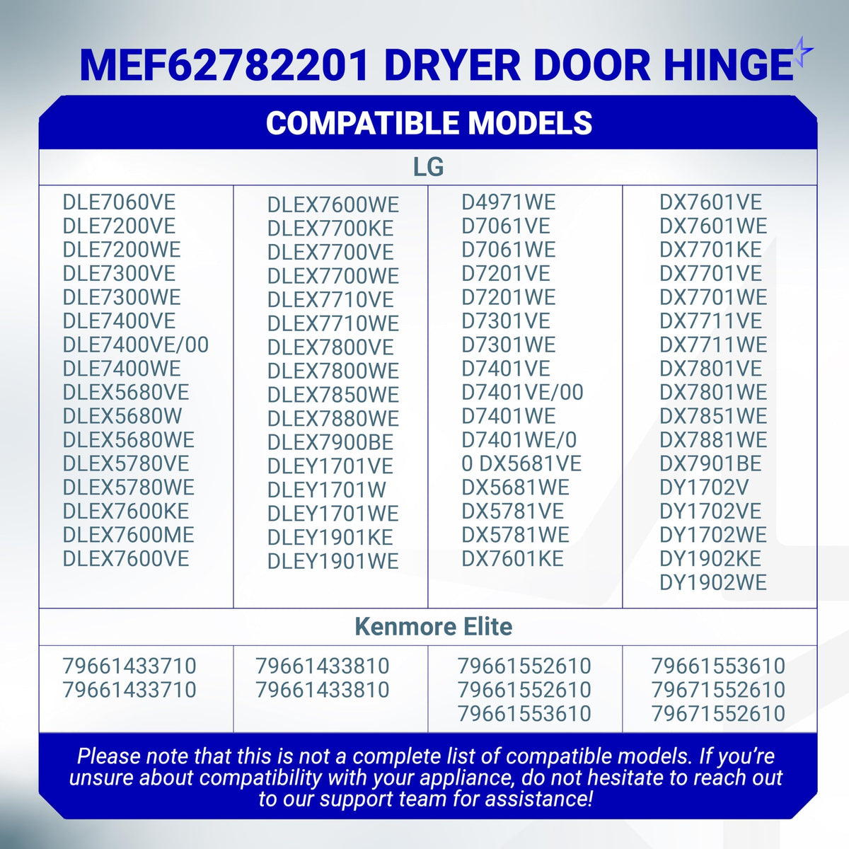 Compatibility chart for MEF62782201 clothes dryer door hinge listing LG and Kenmore Elite dryer models.