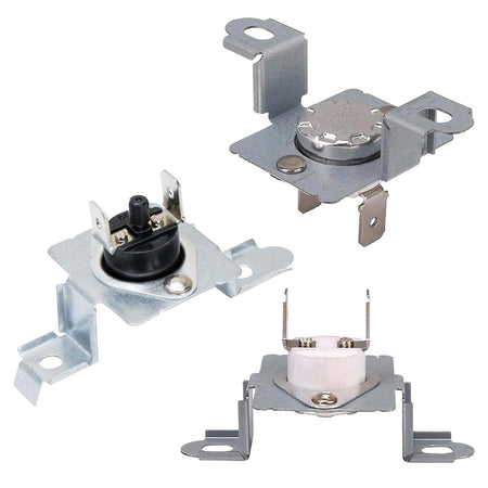 Set of three dryer thermostats and thermal fuse replacement parts for LG and Kenmore dryers.