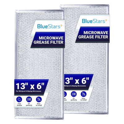Two W10208631A aluminum mesh microwave grease filters with BlueStars branding labels.