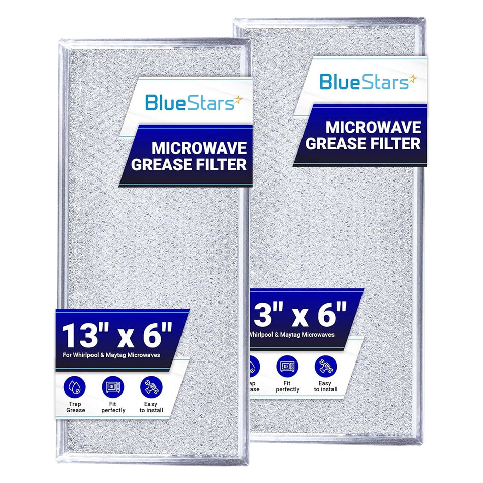 Two W10208631A aluminum mesh microwave grease filters with BlueStars branding labels.
