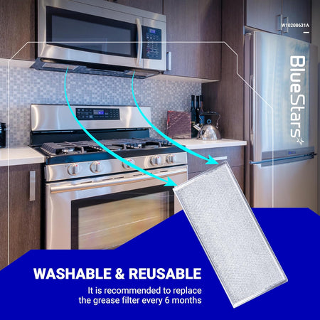 W10208631A aluminum mesh microwave grease filter replacement shown installed under a kitchen microwave.