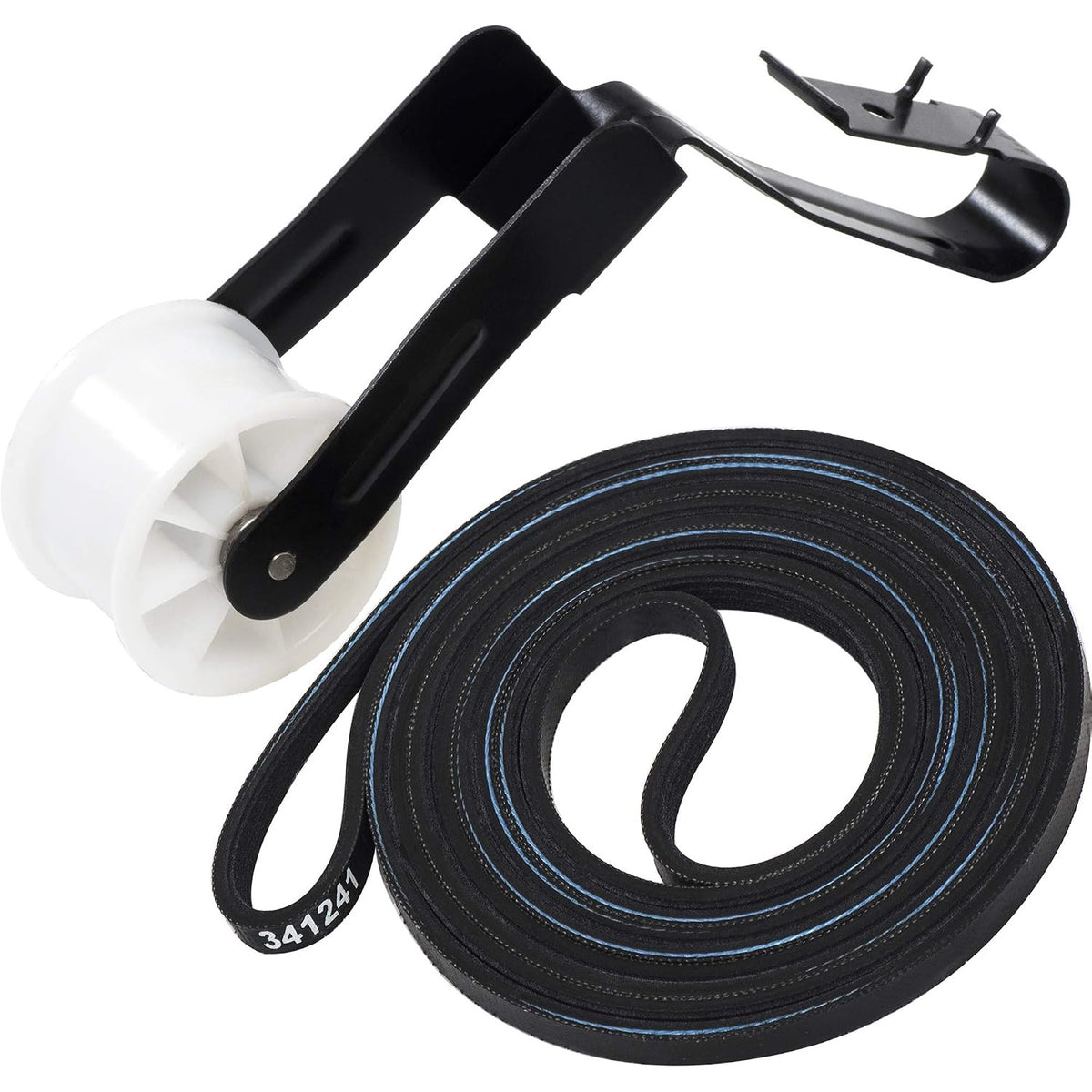 341241 691366 Dryer Drum Belt & Pulley Kit, showing coiled belt, white pulley wheel, and black tension bracket