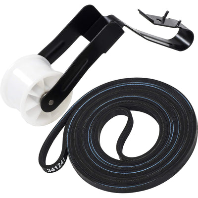 341241 691366 Dryer Drum Belt & Pulley Kit, showing coiled belt, white pulley wheel, and black tension bracket