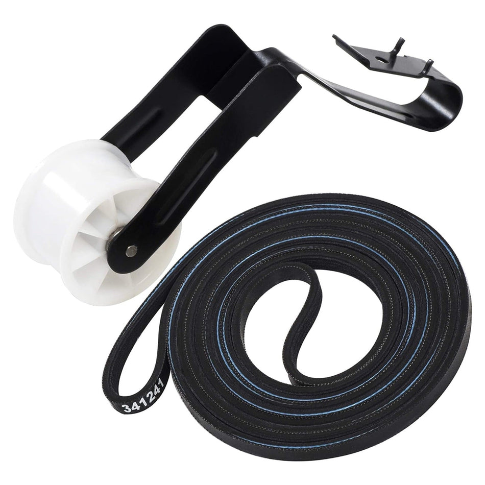 Replacement dryer drum belt and idler pulley assembly for Kenmore and Whirlpool dryers.