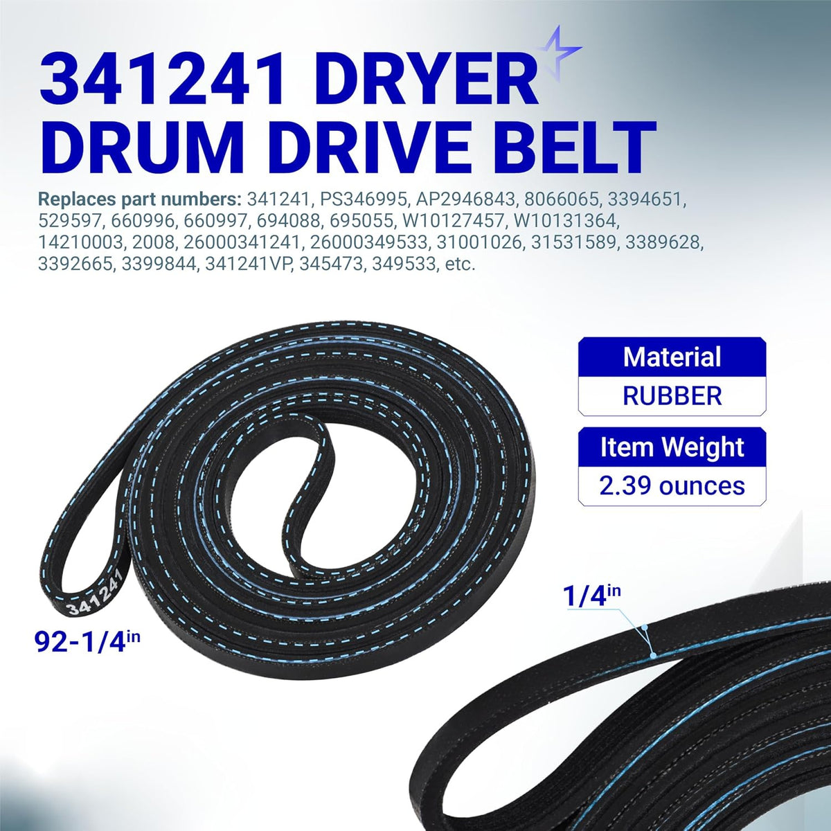 341241 Dryer Drum Belt & Pulley Kit, coiled belt shown with 92-1/4-inch length and 1/4-inch width labels