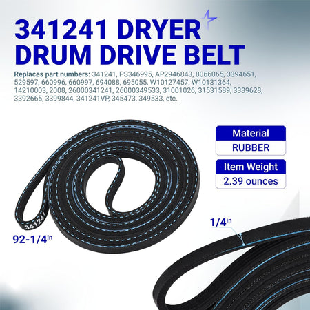 341241 Dryer Drum Belt & Pulley Kit, coiled belt shown with 92-1/4-inch length and 1/4-inch width labels