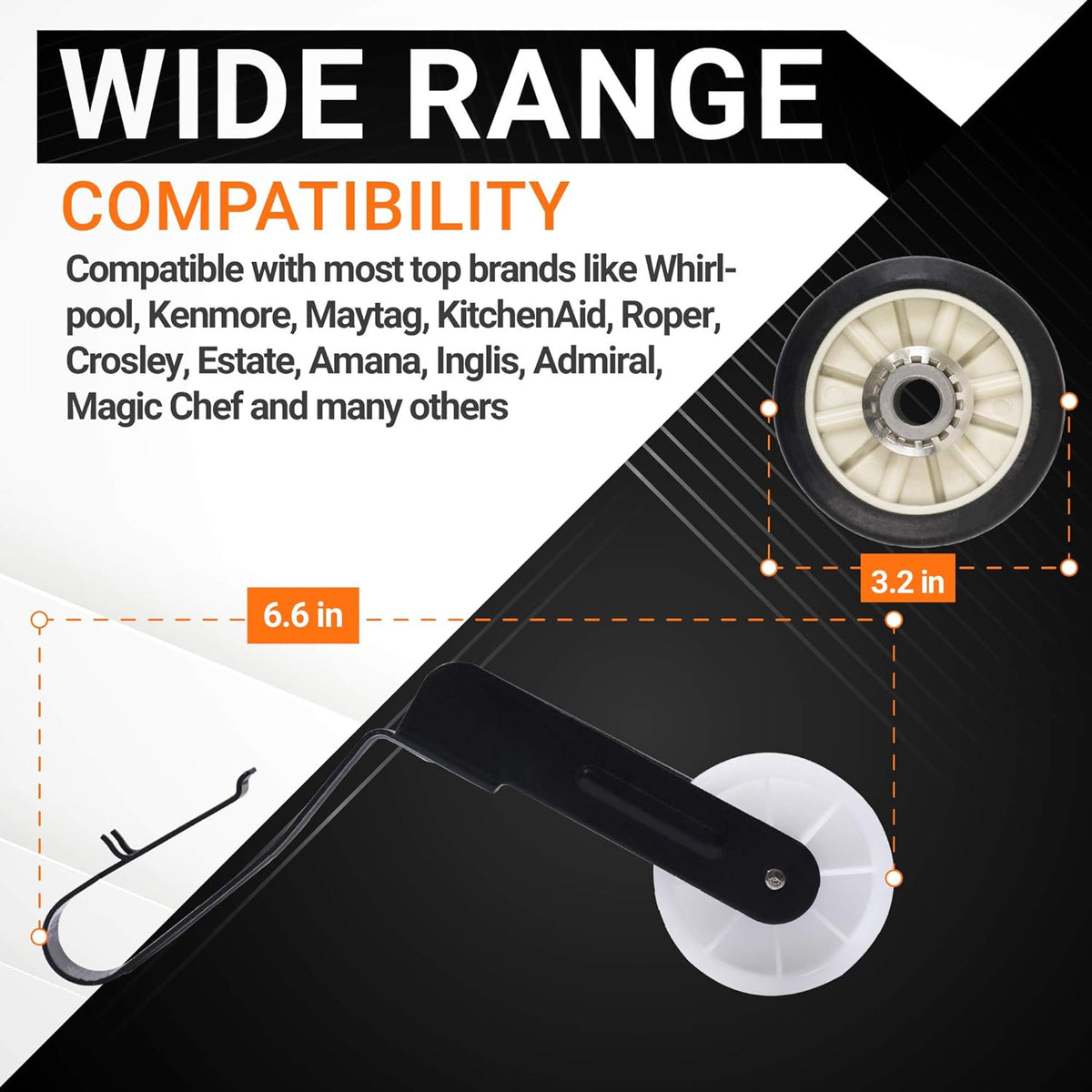 Dryer idler pulley and drum roller kit with dimensions for Kenmore and Whirlpool dryers.