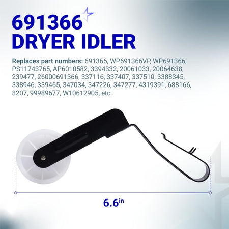 341241 691366 Dryer Drum Belt & Pulley Kit, dryer idler shown with a 6.6-inch dimension diagram