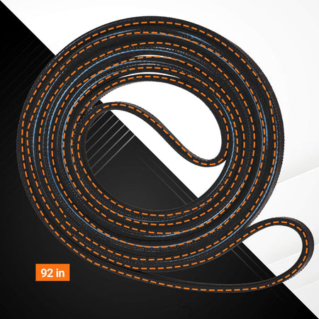 92-inch black dryer drum belt with orange stitching for Kenmore and Whirlpool dryers.
