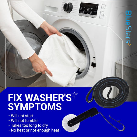 341241 691366 Dryer Drum Belt & Pulley Kit promotional graphic showing a dryer, belt, pulley, and symptom text.