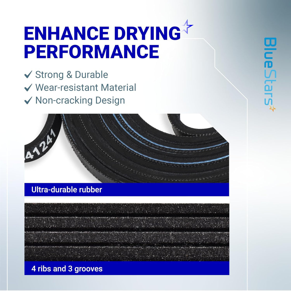 341241 691366 Dryer Drum Belt & Pulley Kit, belt close-up showing 4 ribs, 3 grooves, and durable rubber