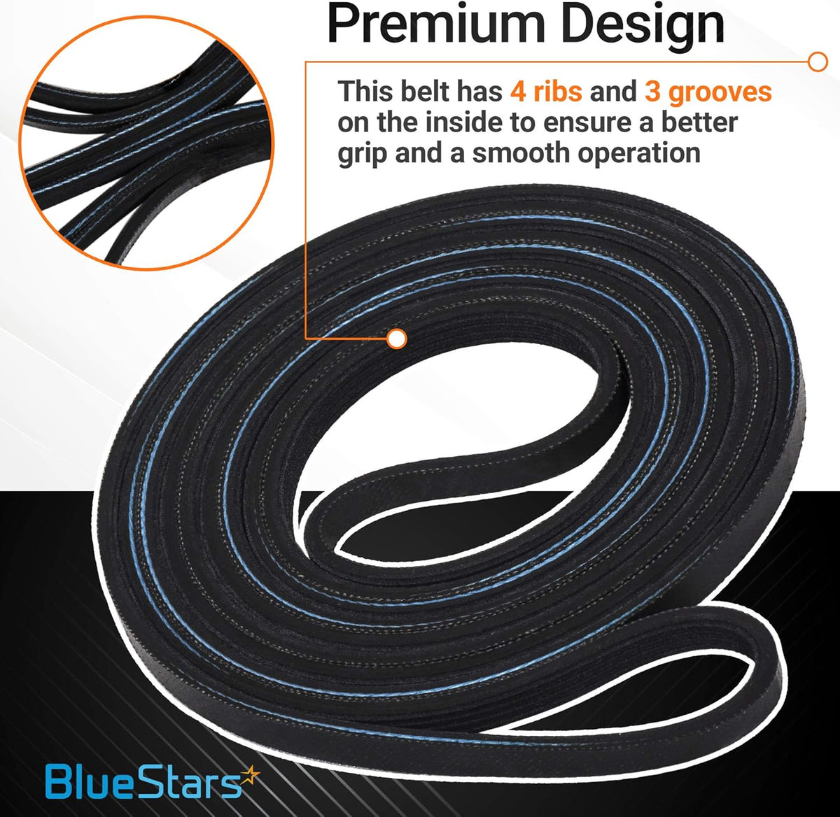 Replacement dryer drum belt with 4-rib, 3-groove design for improved grip, compatible with Kenmore and Whirlpool dryers.