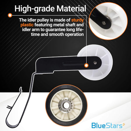 Dryer idler pulley and arm assembly with close-up view of high-grade plastic wheel for Kenmore and Whirlpool dryers.