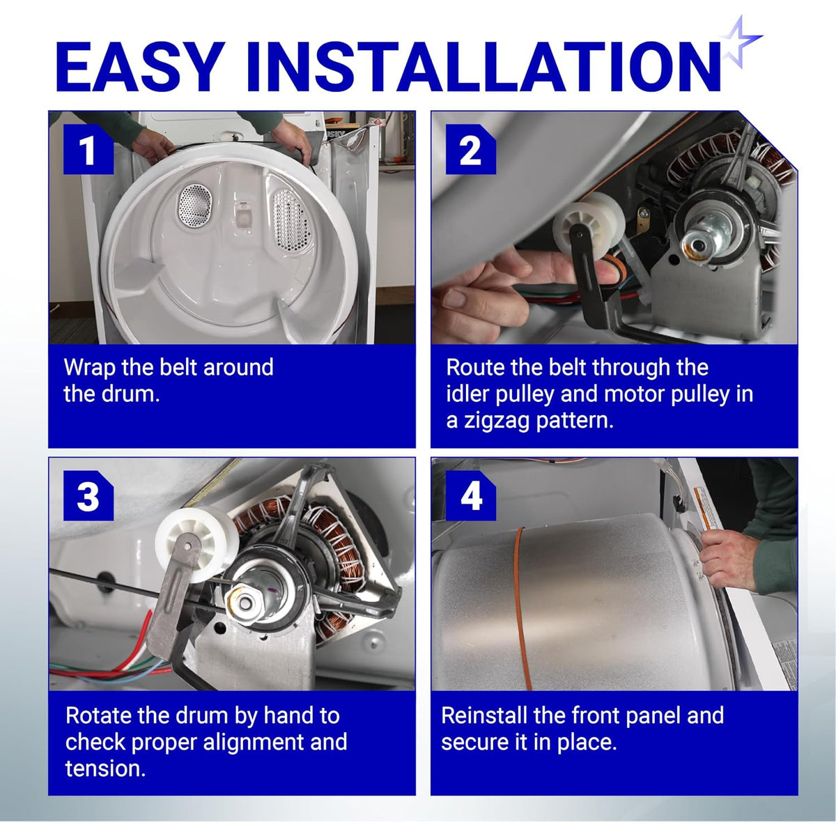 341241 691366 Dryer Drum Belt & Pulley Kit installation guide showing four belt routing and dryer reassembly steps