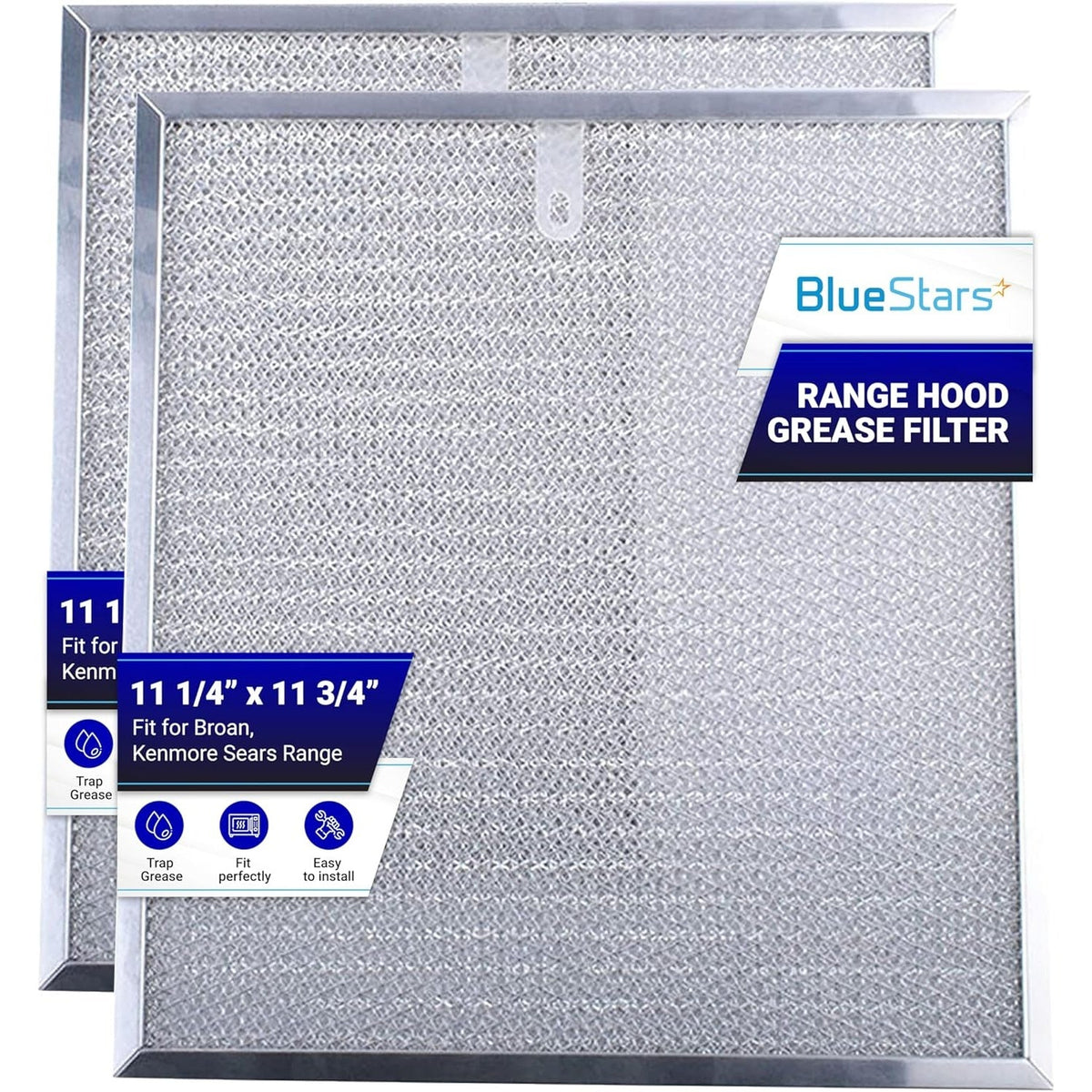 Two 11 1/4" x 11 3/4" metal mesh range hood grease filters compatible with Broan and Kenmore Sears units.