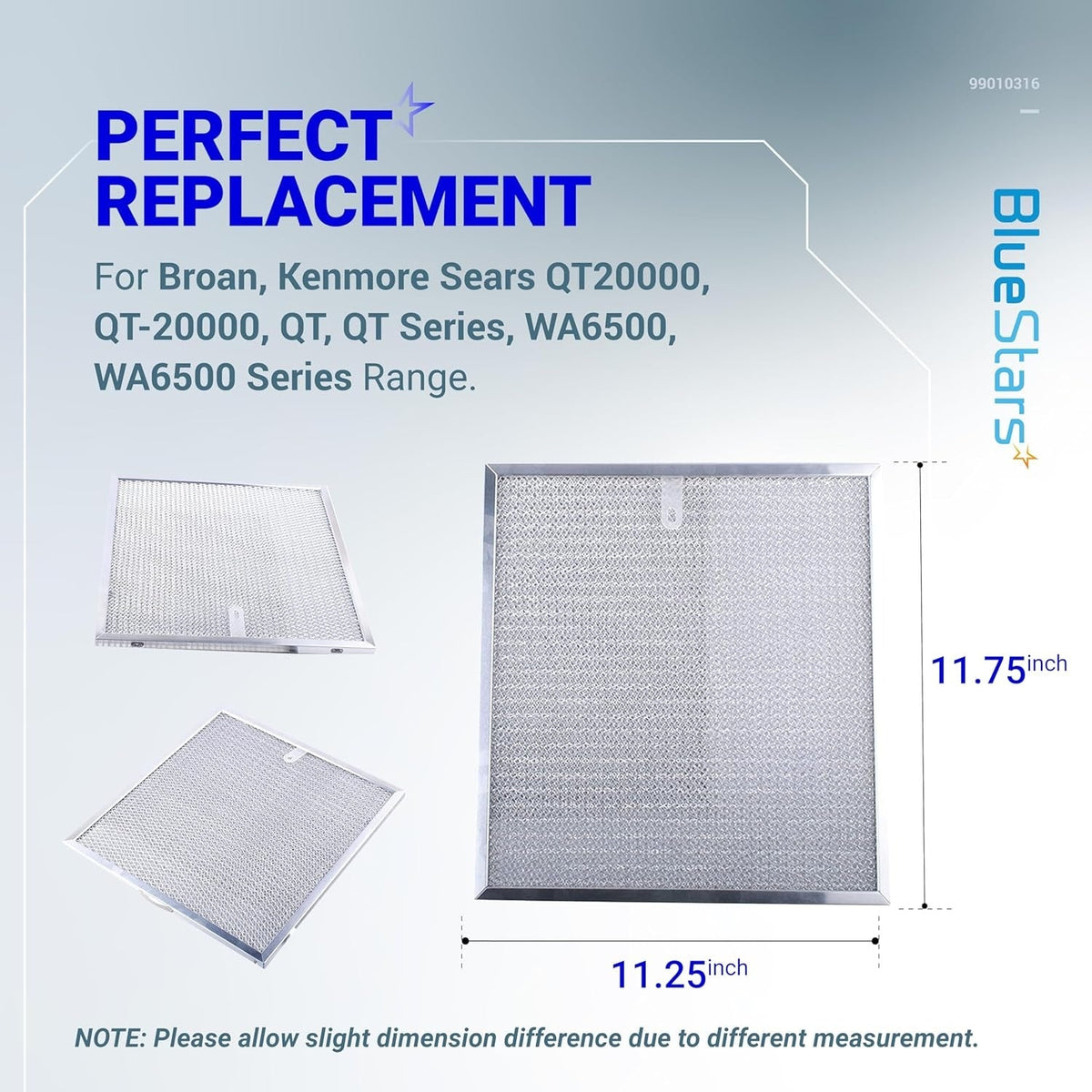 99010316 range hood grease filter replacement for Broan and Kenmore, showing dimensions of 11.25 x 11.75 inches.