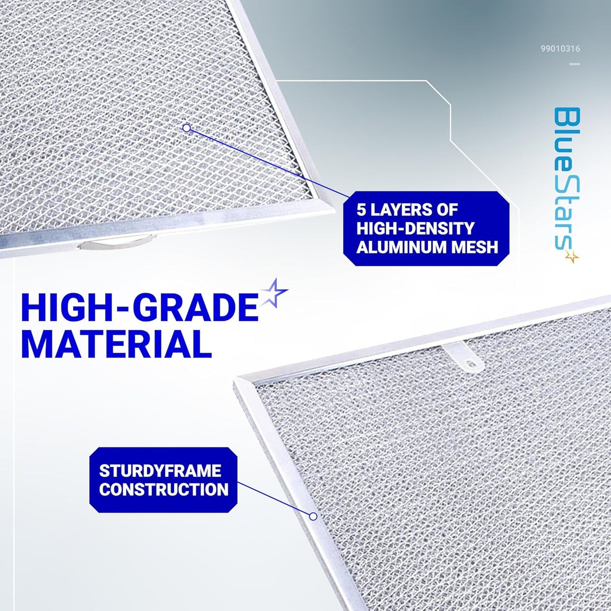 99010316 range hood grease filter showing 5-layer aluminum mesh construction and sturdy frame details.